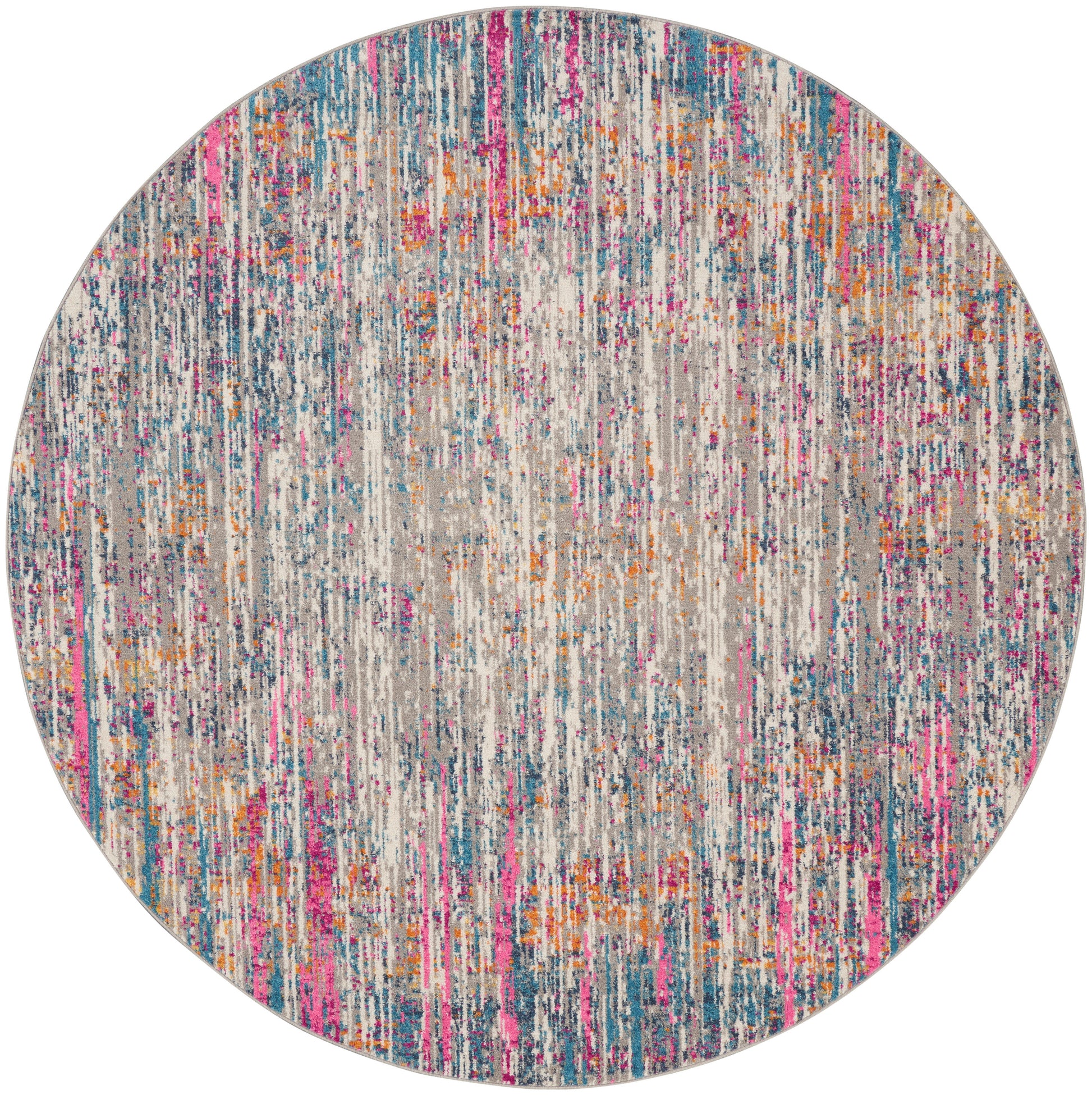 Round gray rug with multicolor vertical streaks in pink, blue, and orange.