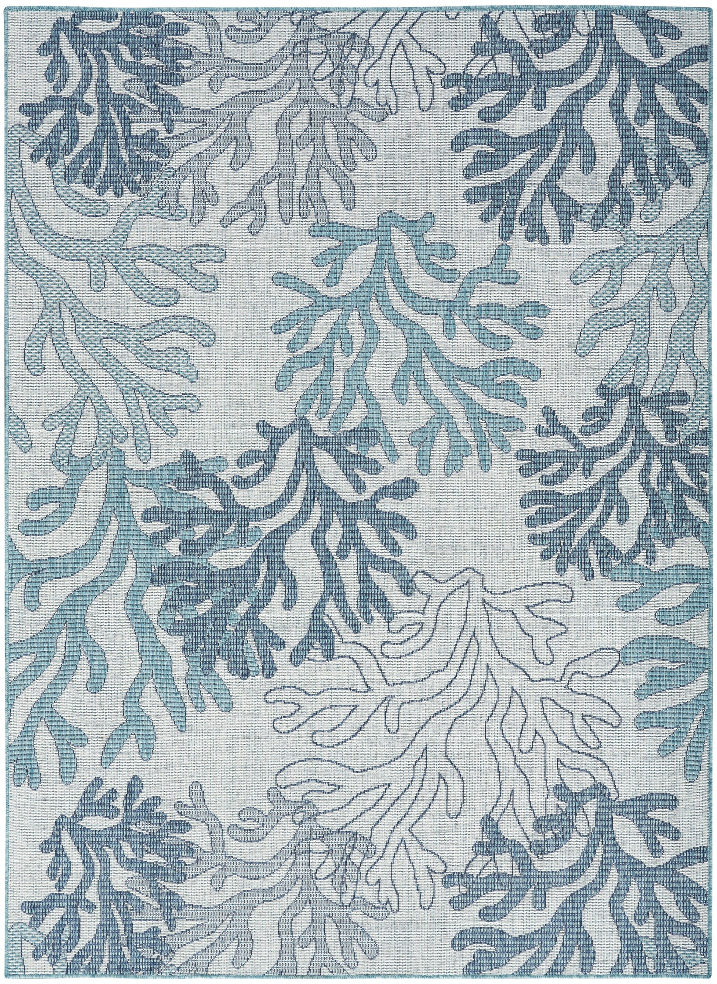 Coastal rug with blue coral motifs in varying shades on a light gray base; woven rectangular floor covering.