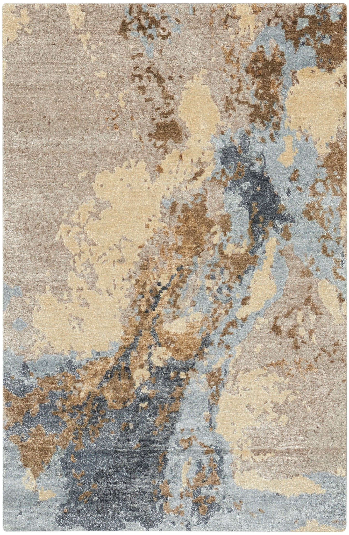 Abstract area rug with beige, taupe, blue and brown blotches; modern, soft texture, rectangular.