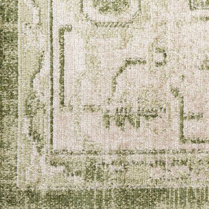 Close-up of an olive-green and beige patterned area rug with a textured pile and decorative border.
