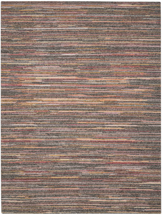 Rectangular rug with thin horizontal stripes in gray, brown, orange, and red; woven textured surface for living room decor.