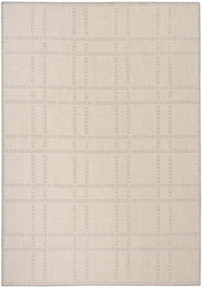 Beige flat-weave area rug with light gray rectangular grid and subtle chevron-border detailing.