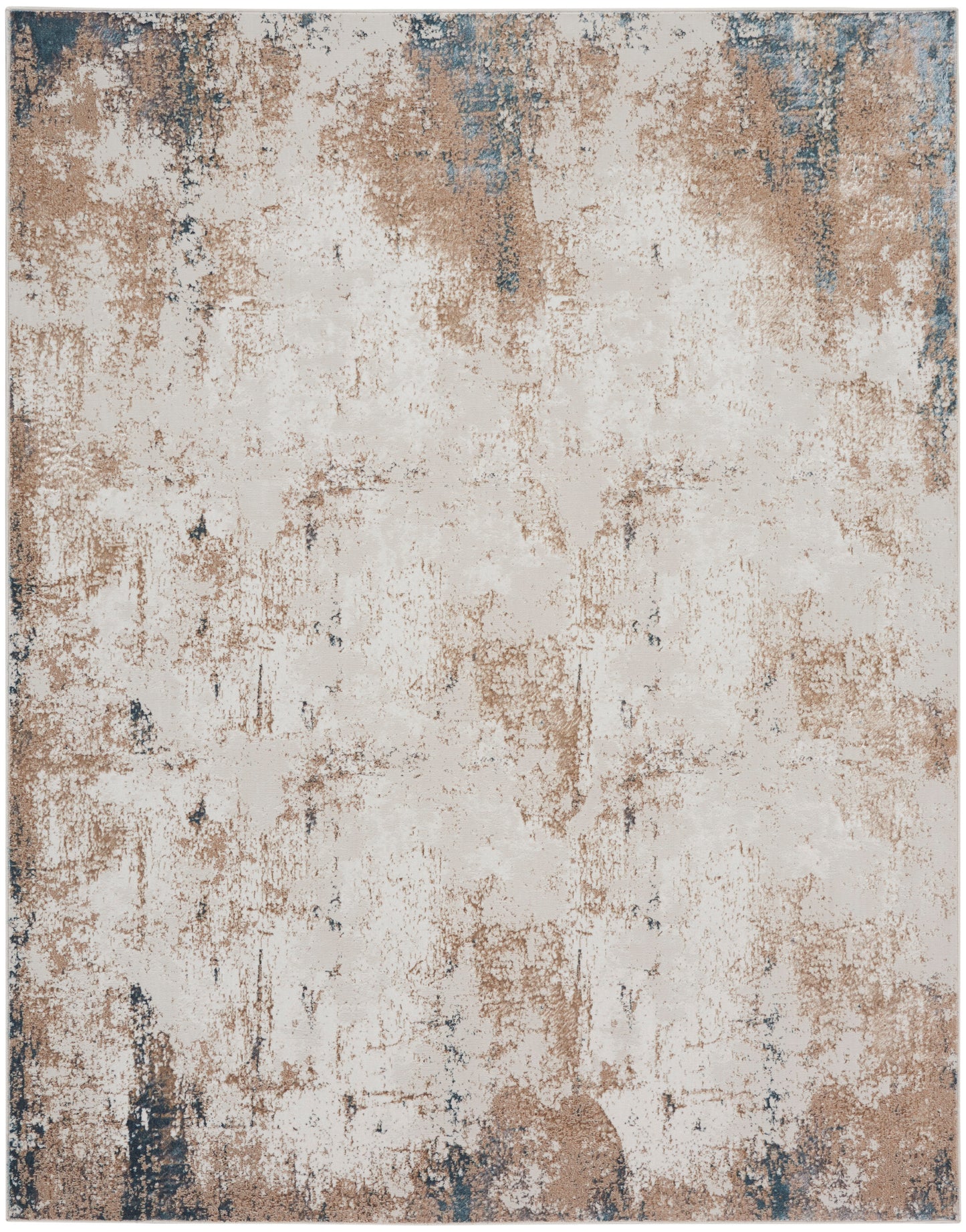 Distressed abstract area rug with beige-tan base, rust brown and blue accents, vintage textured finish.