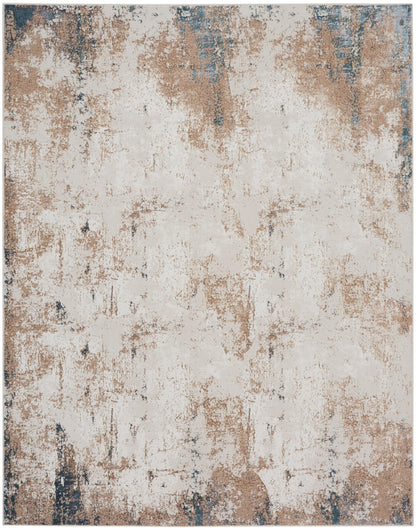 Distressed abstract area rug with beige-tan base, rust brown and blue accents, vintage textured finish.