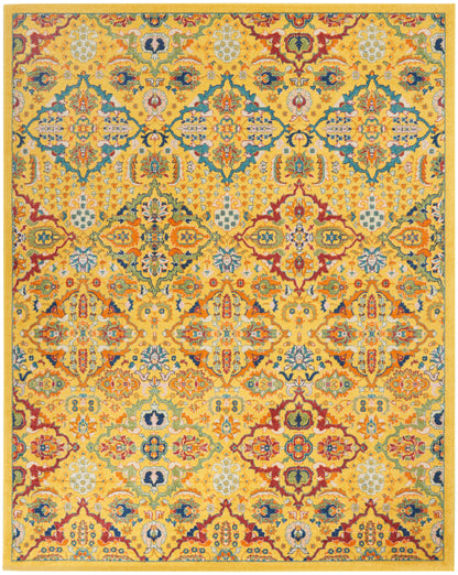 Rectangular yellow oriental rug with intricate multicolor floral-meander pattern in blue, green and red; bordered