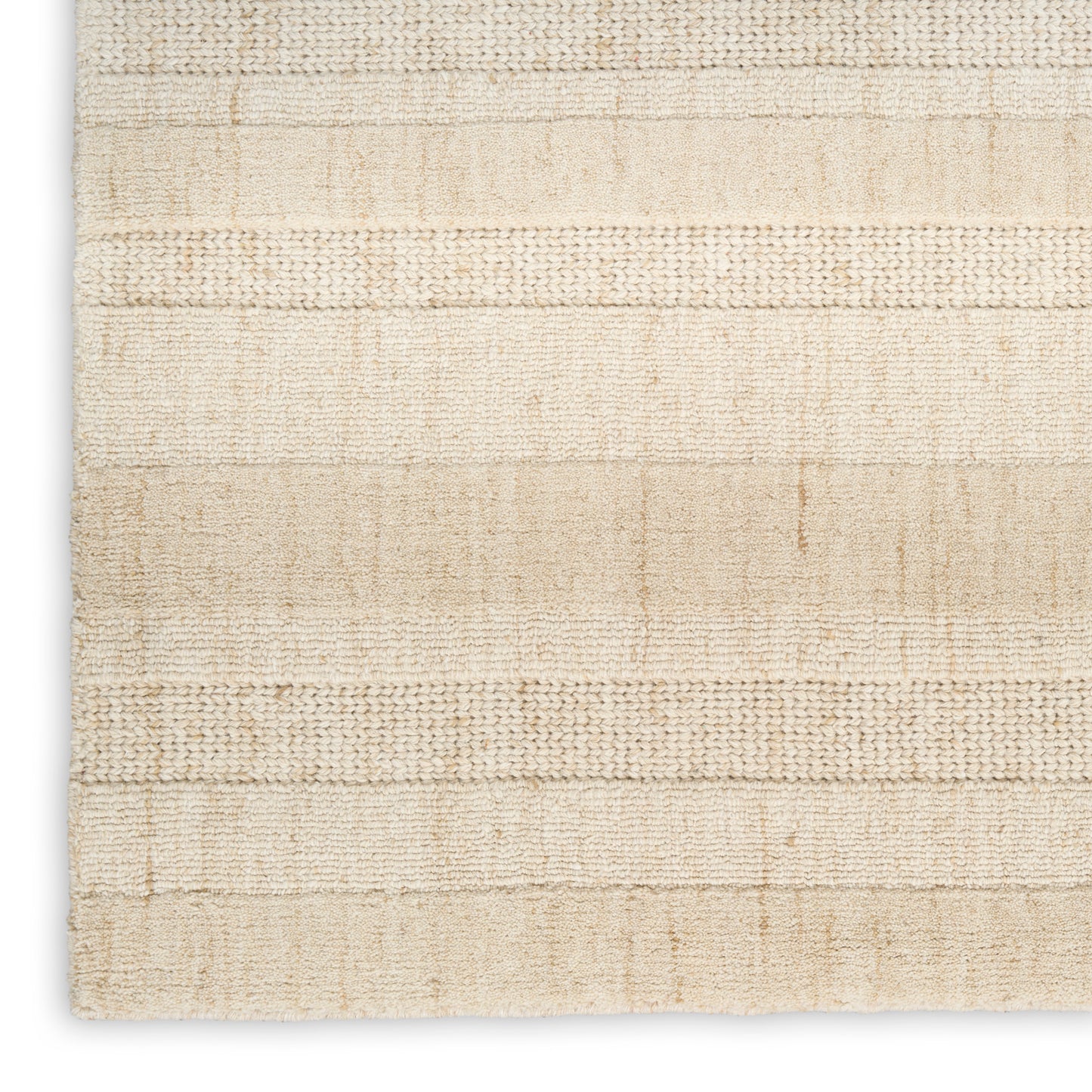 Cream-beige flat-weave rug with horizontal textured bands; natural fiber look, rectangular, ideal for living rooms.