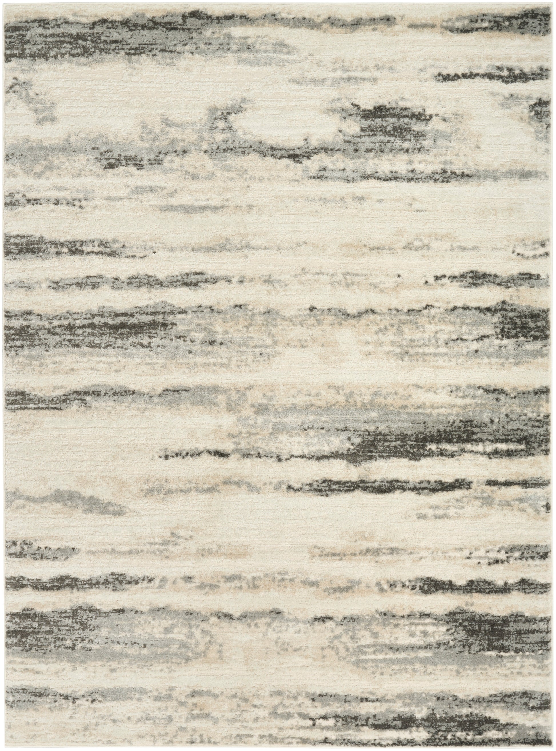 Abstract cream and gray area rug with brushed horizontal streaks; modern, neutral decor for living room.