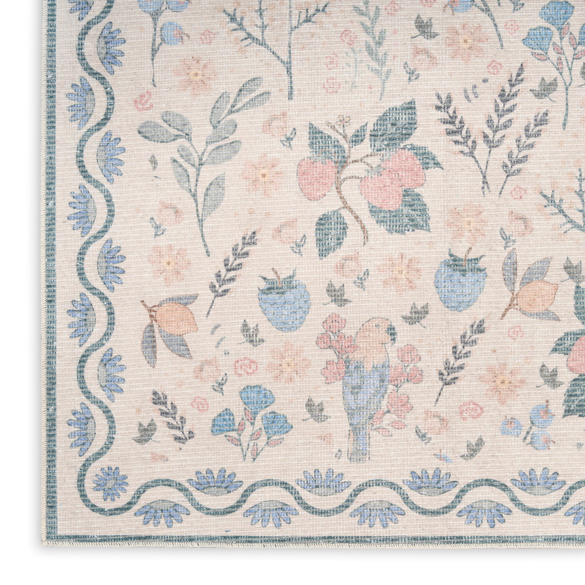 Pastel floral rug with blue border on cream background, pink and blue flowers, leaves, vines, and a central bird motif.
