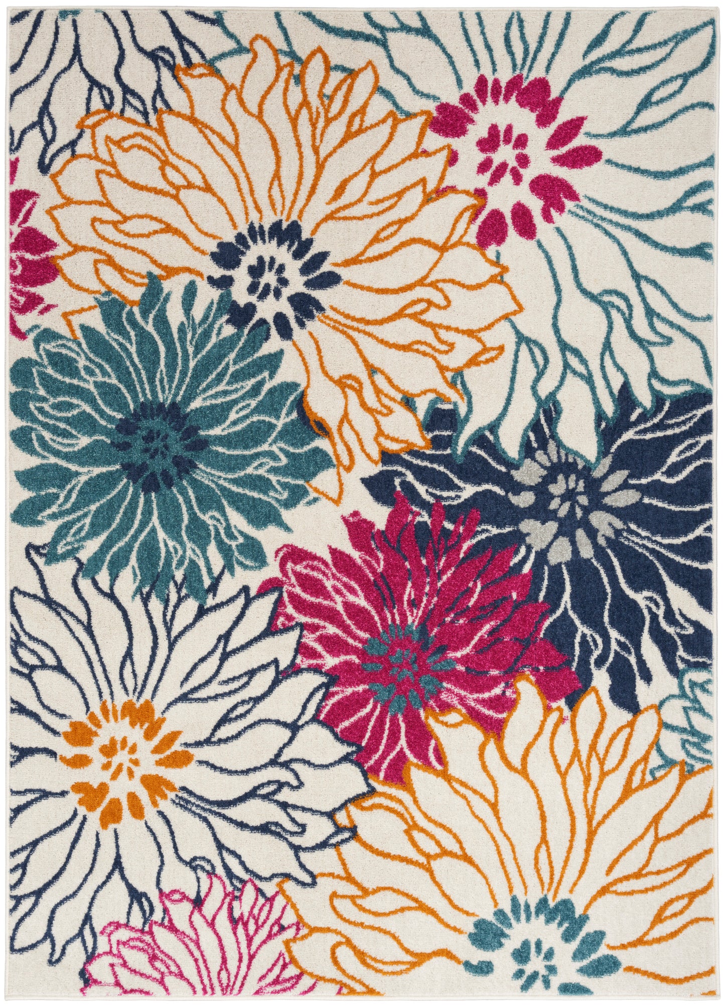 Rectangular area rug with a bold multicolor floral pattern featuring large orange, teal, navy, and magenta flowers on a cream background.