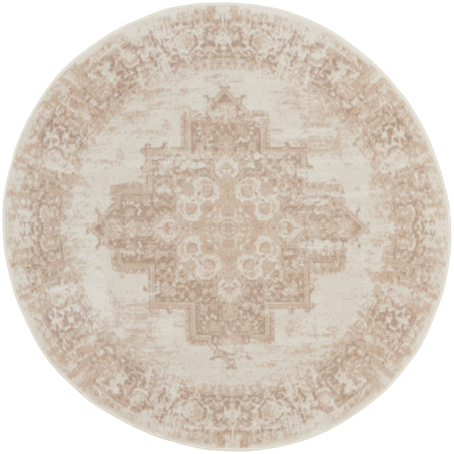 Round beige rug with distressed vintage medallion pattern in cream and taupe; soft woven texture.