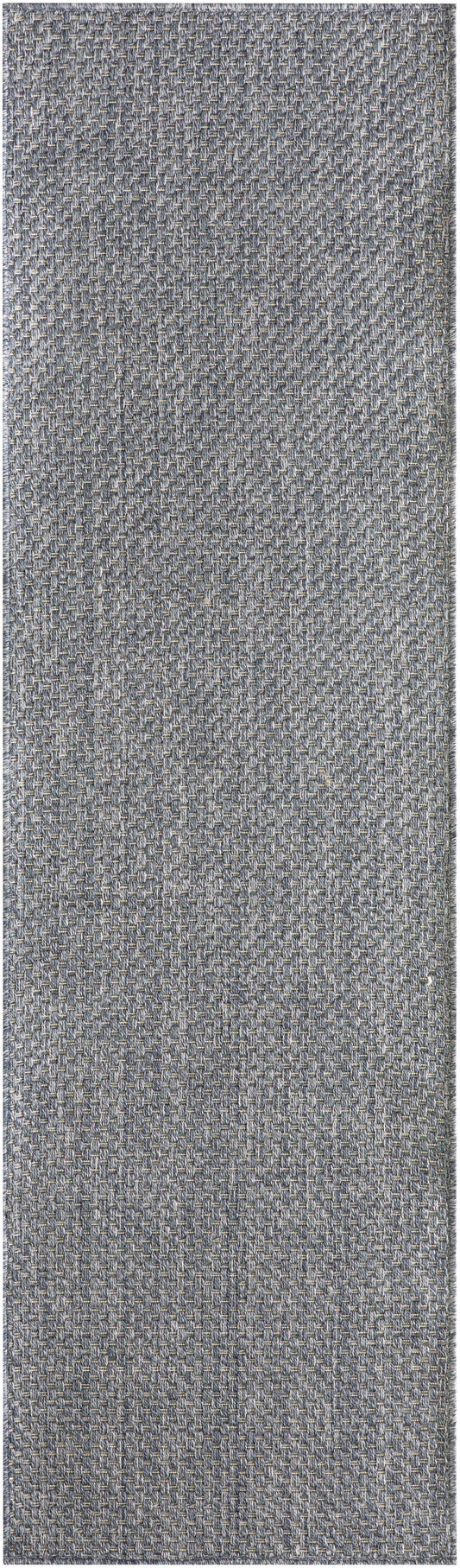 Gray-blue outdoor rug runner with a tight basket-weave texture; 8 ft long.