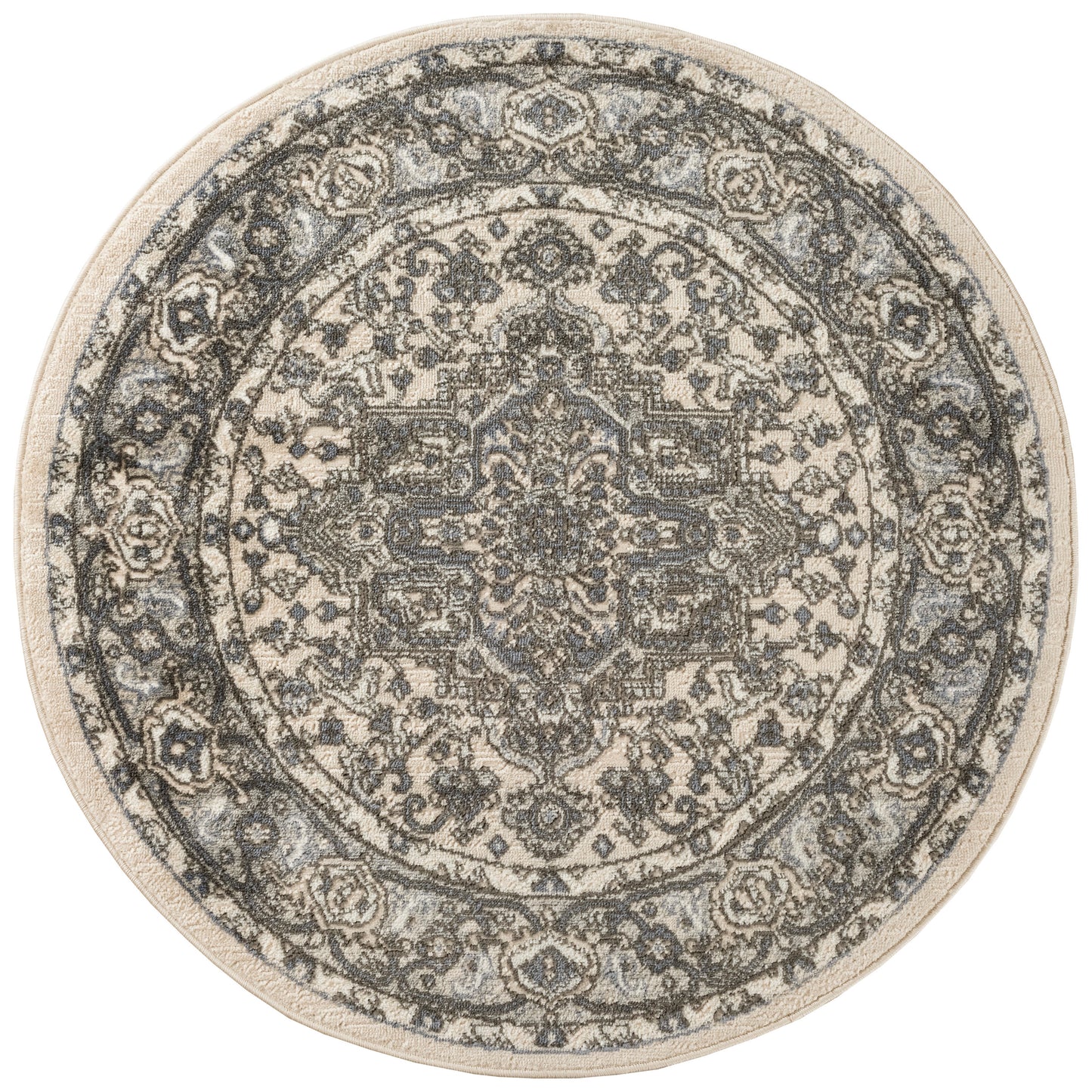 Round vintage rug with intricate grey-beige Persian medallion pattern and distressed look.