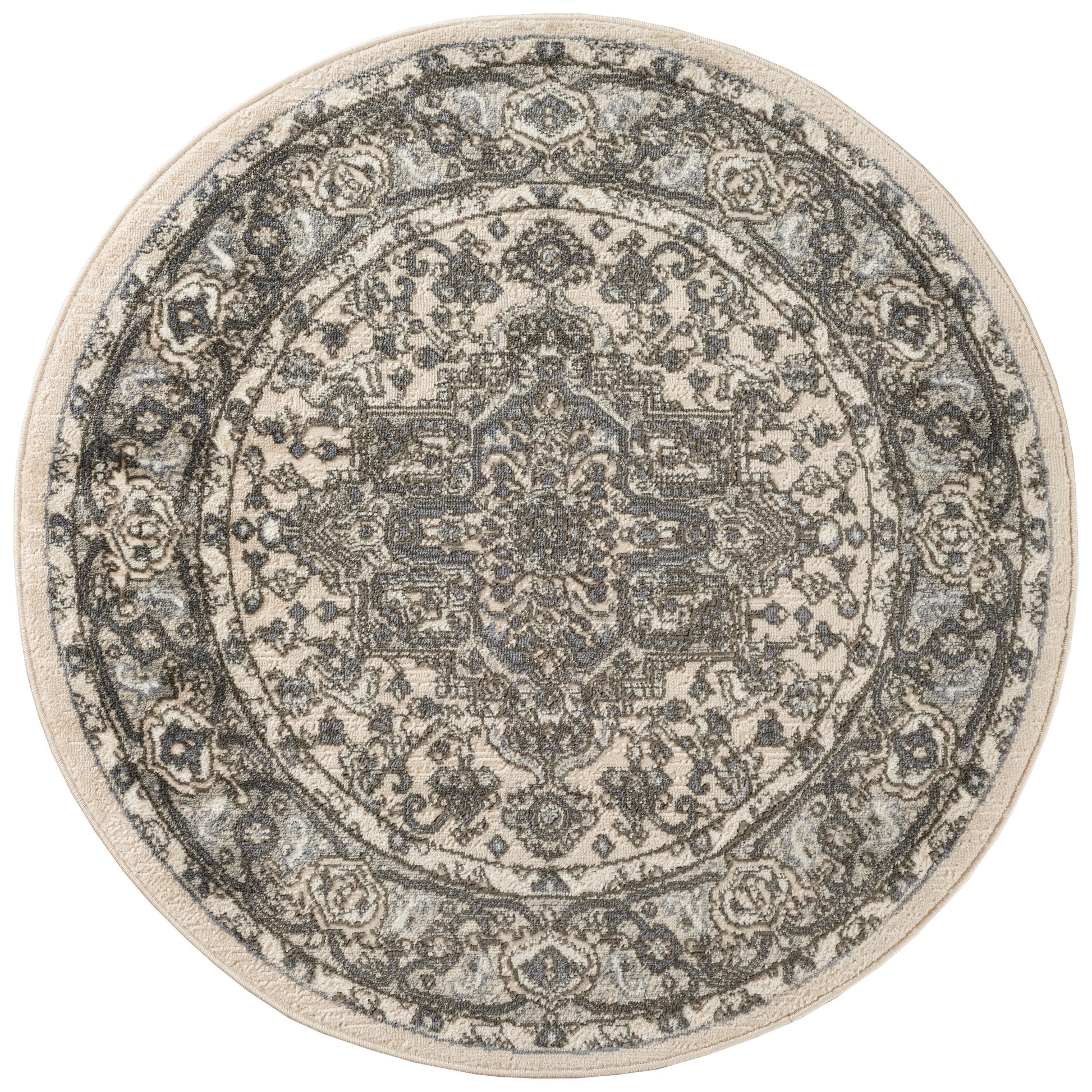 Round vintage rug with intricate grey-beige Persian medallion pattern and distressed look.