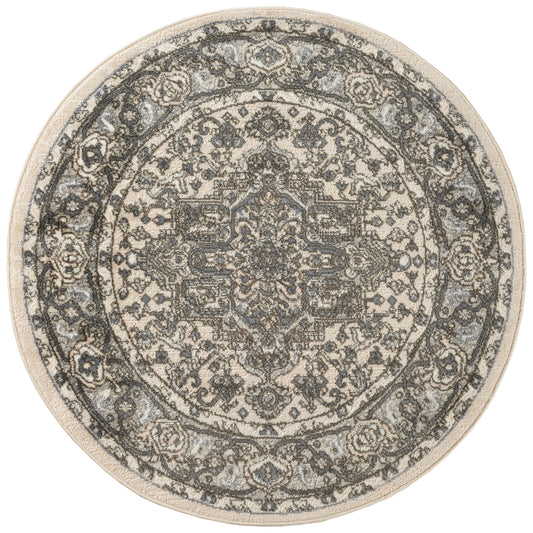 Round vintage rug with intricate grey-beige Persian medallion pattern and distressed look.