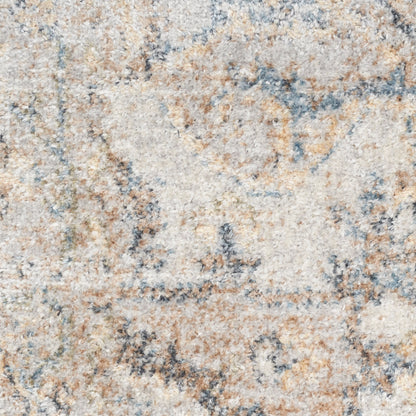 Beige and blue antique-style area rug with plush pile and subtle faded motif.
