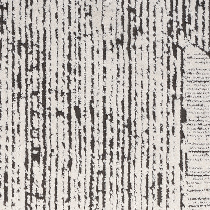Beige textured rug with irregular vertical black stripes; modern rustic weave, ideal for living rooms or hallways.