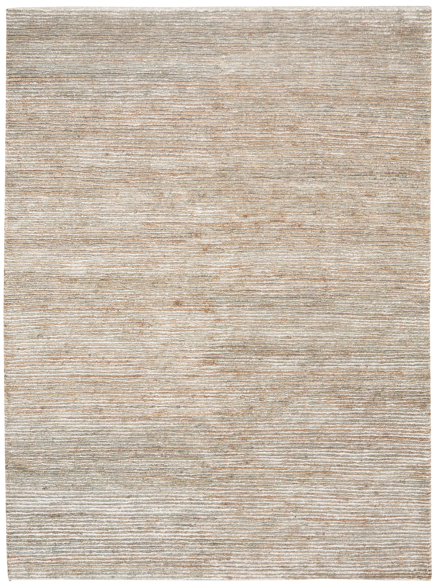 Rectangular beige-gray flat-weave rug with soft, subtle horizontal striations and worn texture.