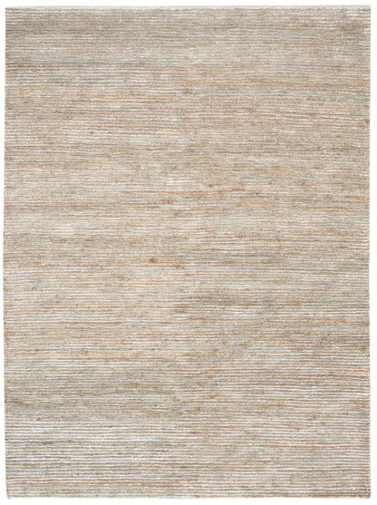 Rectangular beige-gray flat-weave rug with soft, subtle horizontal striations and worn texture.