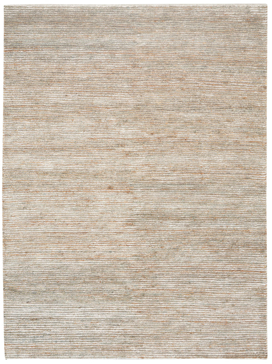 Rectangular beige-gray flat-weave rug with soft, subtle horizontal striations and worn texture.