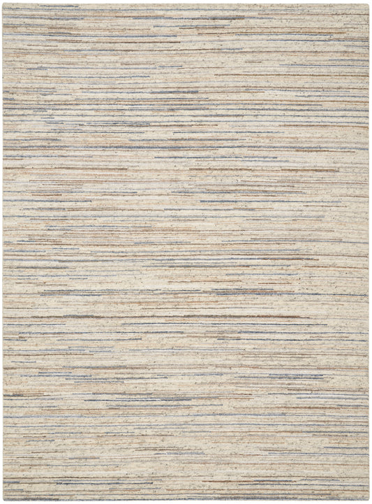 Beige woven rug with subtle horizontal blue and tan streaks, soft textured surface.