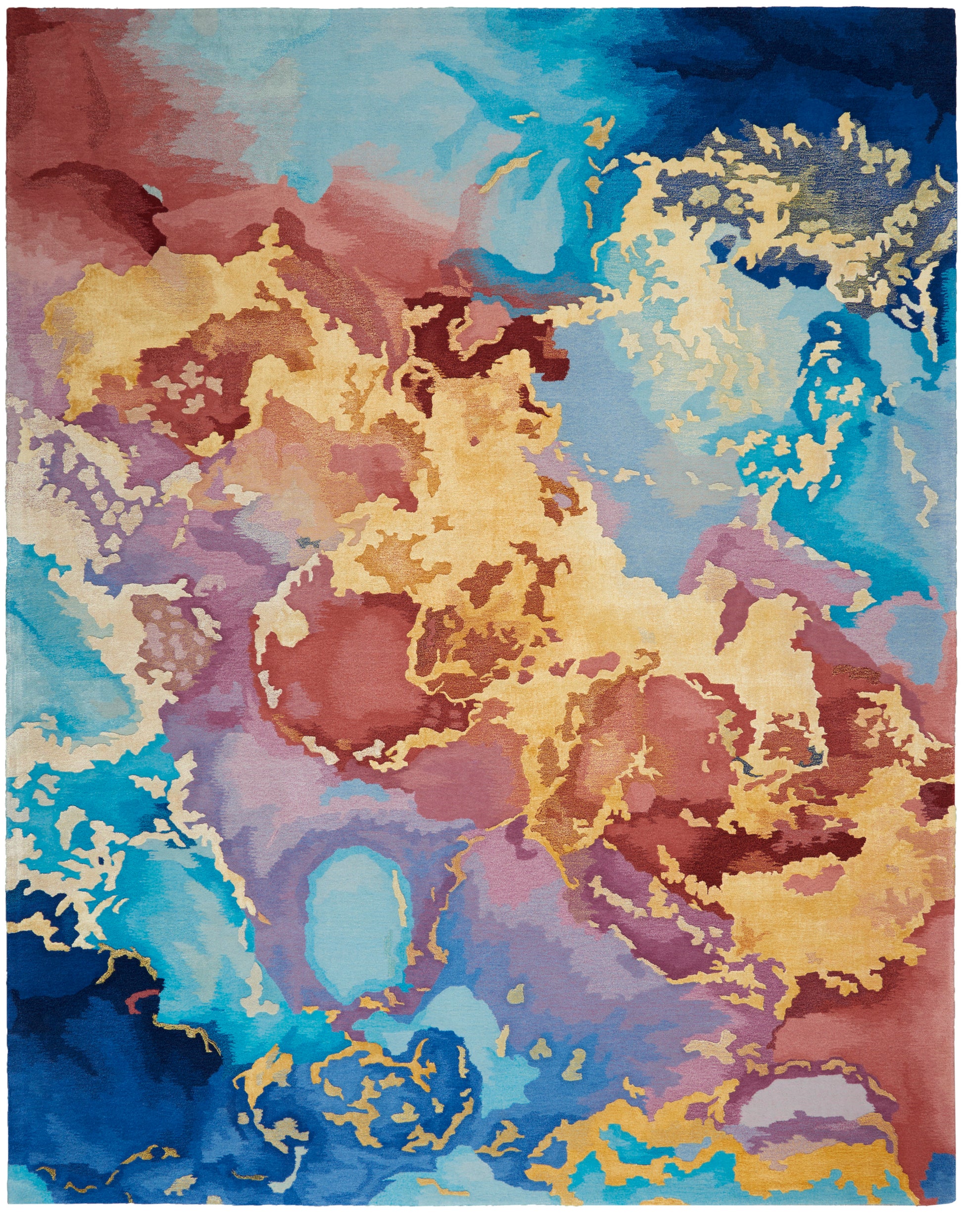 Abstract multicolor area rug with blues, teals, yellows, pinks and purples in organic, painterly shapes.