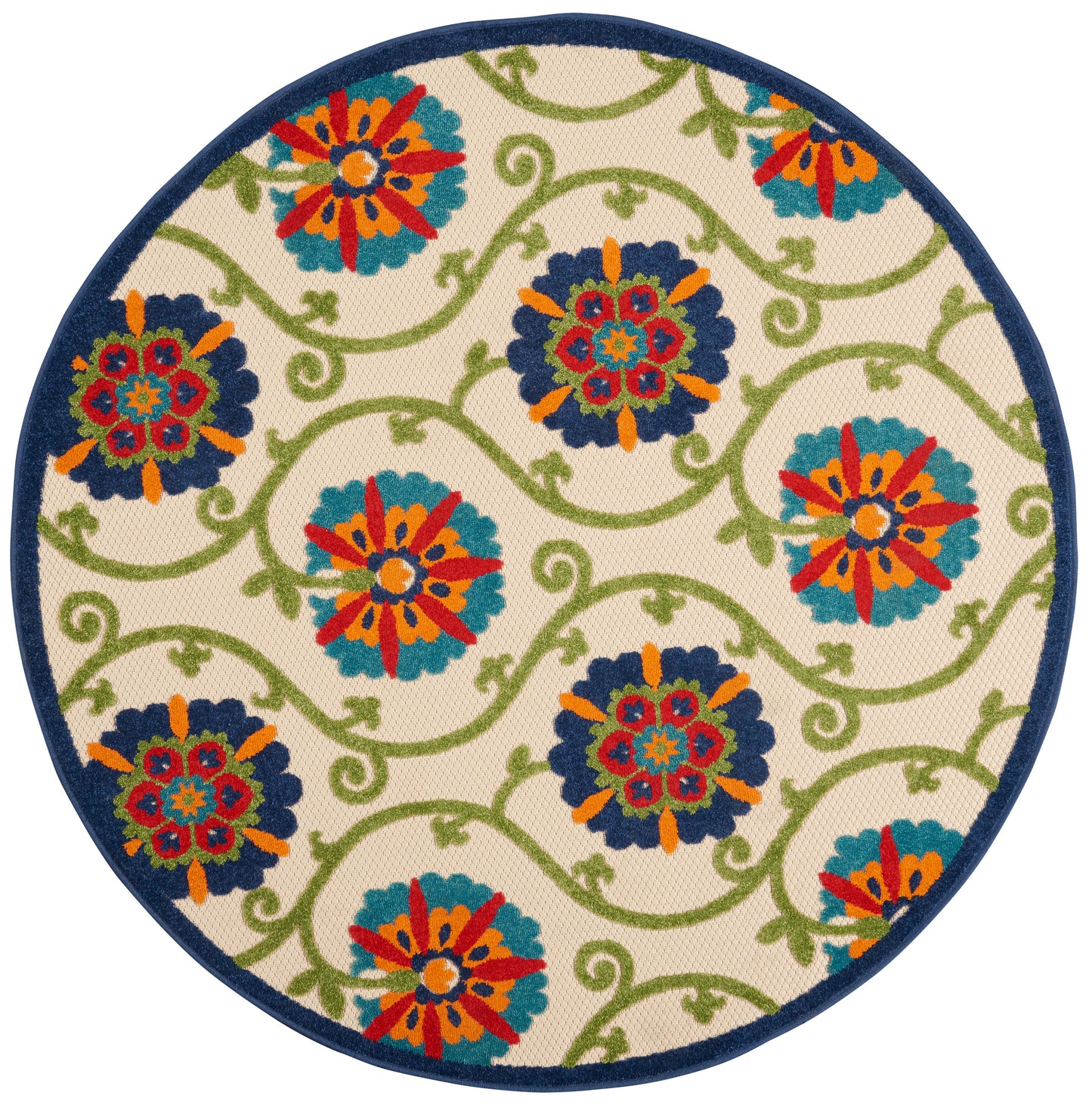 Round rug with cream background, bold multicolor floral motifs, green vines, and navy border.
