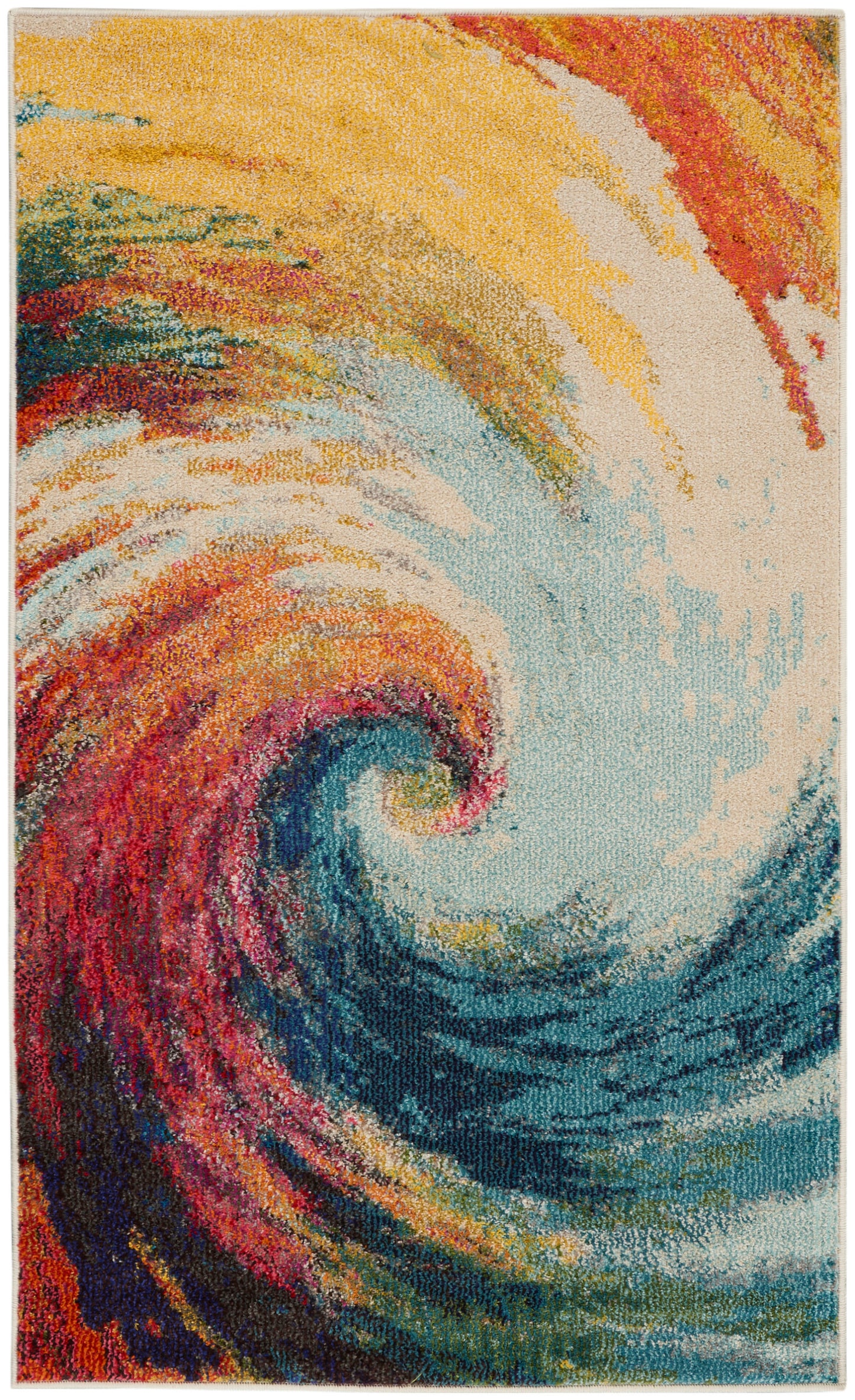 Vibrant multicolor swirl rug with abstract vortex, tufted texture in yellow, orange, red, teal and blue.
