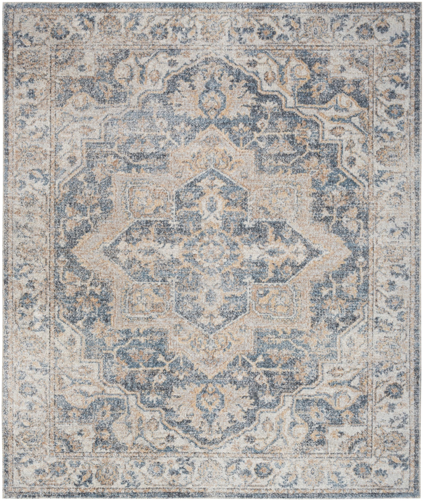 Distressed blue and beige oriental rug with a central medallion and ornate border pattern.