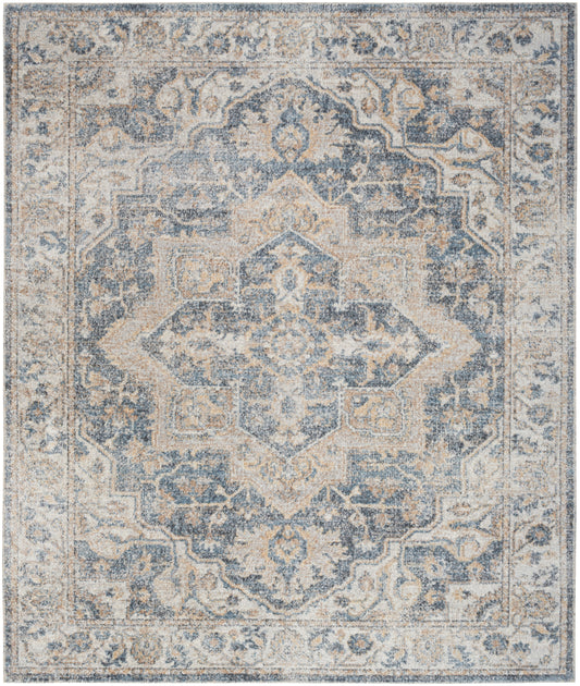Distressed blue and beige oriental rug with a central medallion and ornate border pattern.