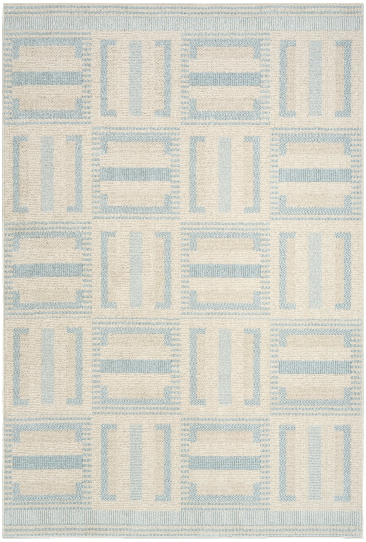Cream woven rug with pale blue geometric grid of rectangles; modern coastal-inspired design.