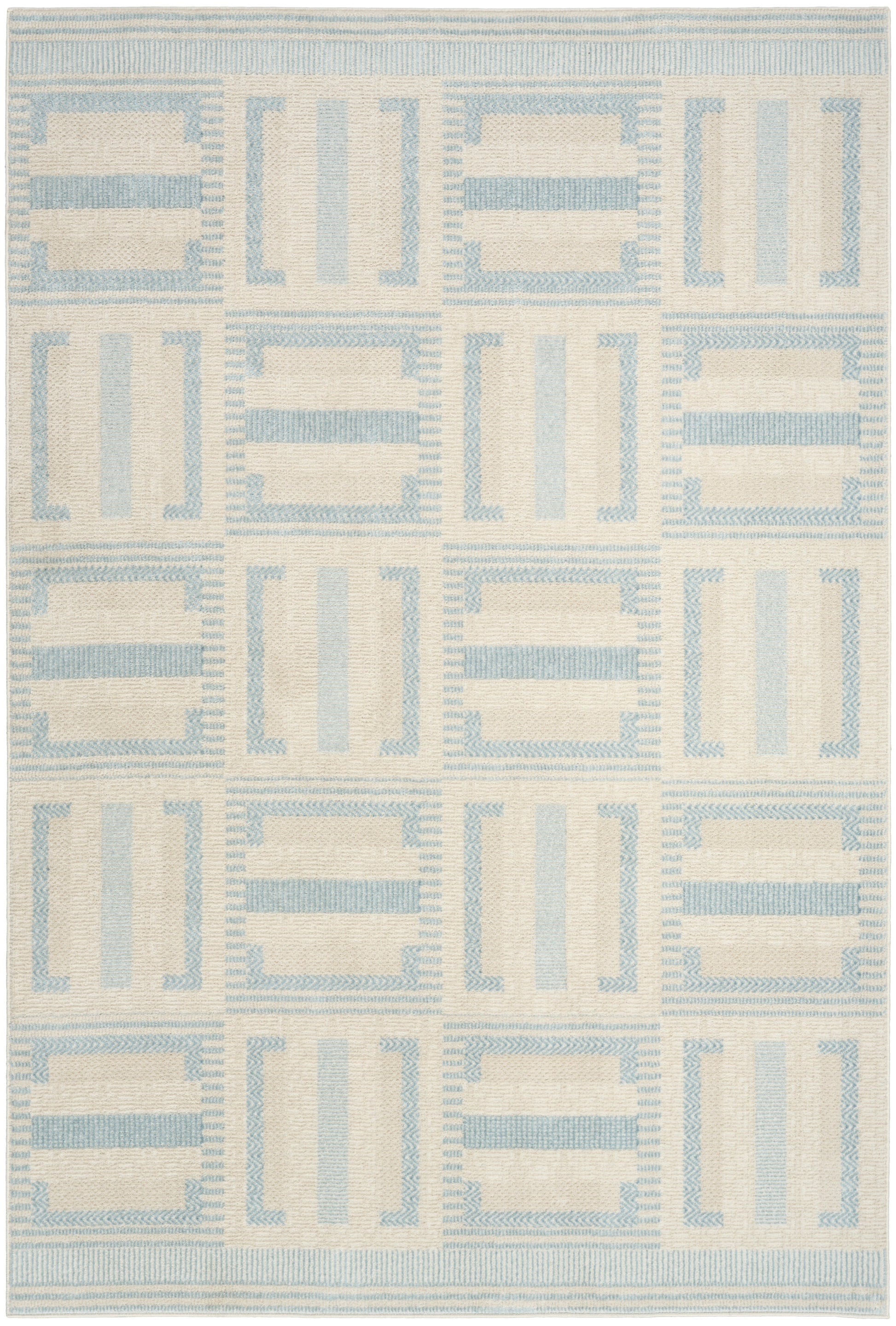 Cream woven rug with pale blue geometric grid of rectangles; modern coastal-inspired design.