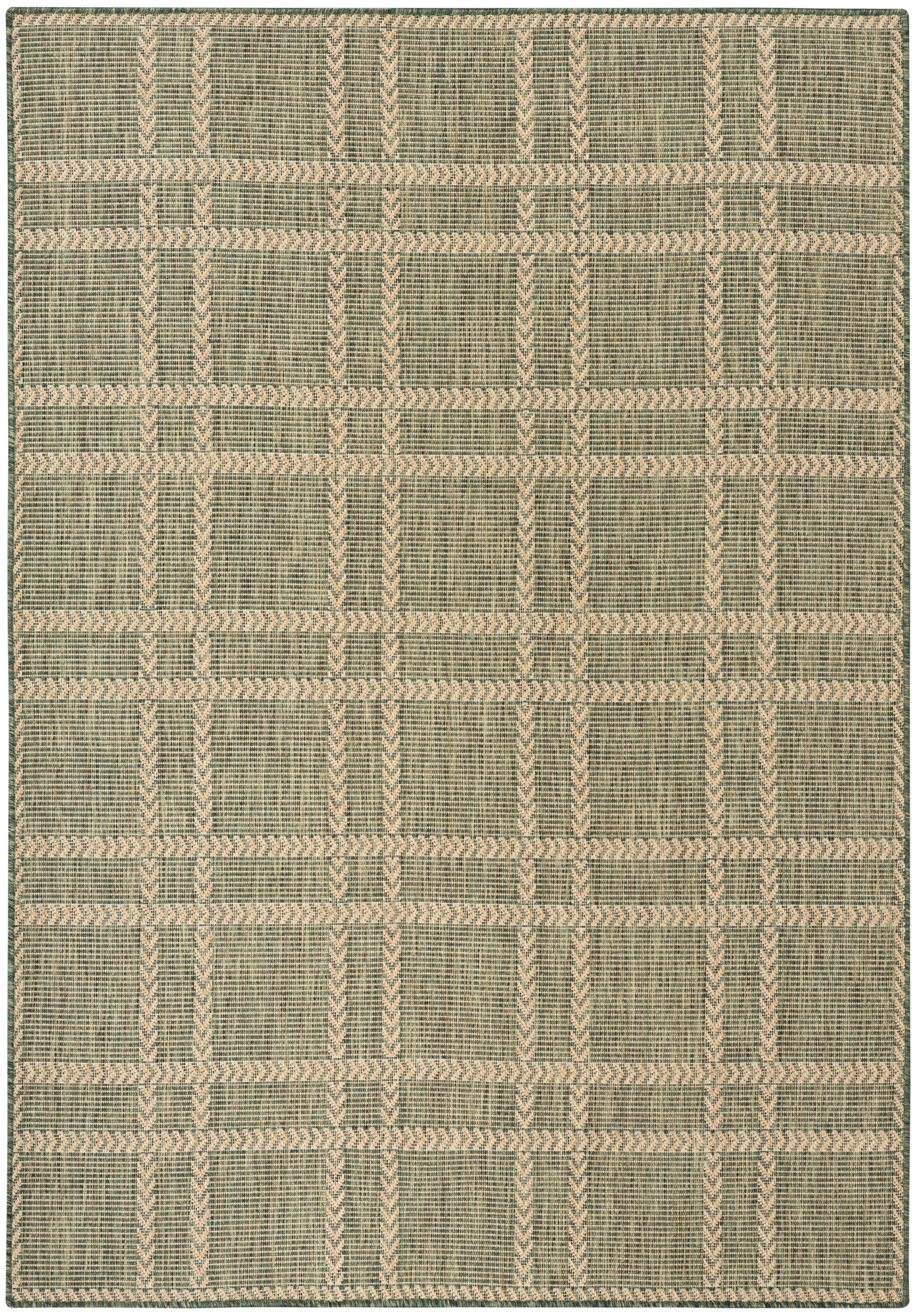 Rectangular olive green and beige woven rug with a geometric grid pattern and subtle border.