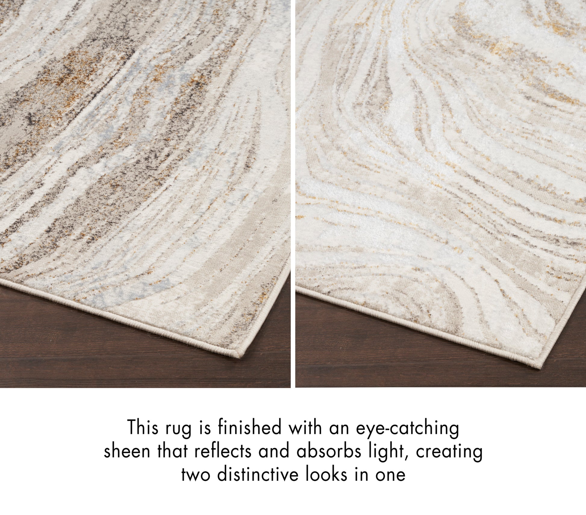 Reversible two-tone rug with swirled taupe to ivory pattern and subtle sheen.