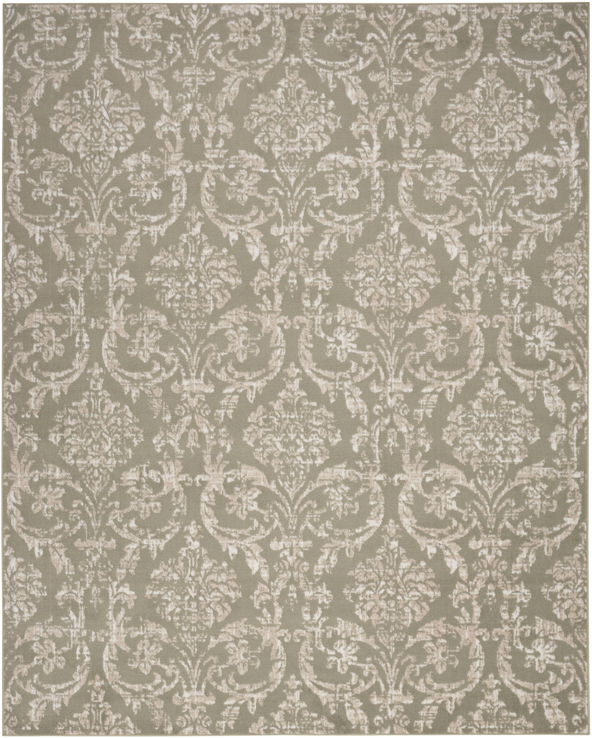Cream damask floral pattern on taupe background; classic decorative rug or wallpaper.