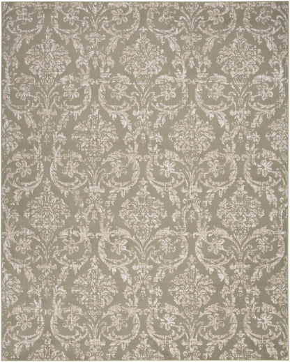 Cream damask floral pattern on taupe background; classic decorative rug or wallpaper.