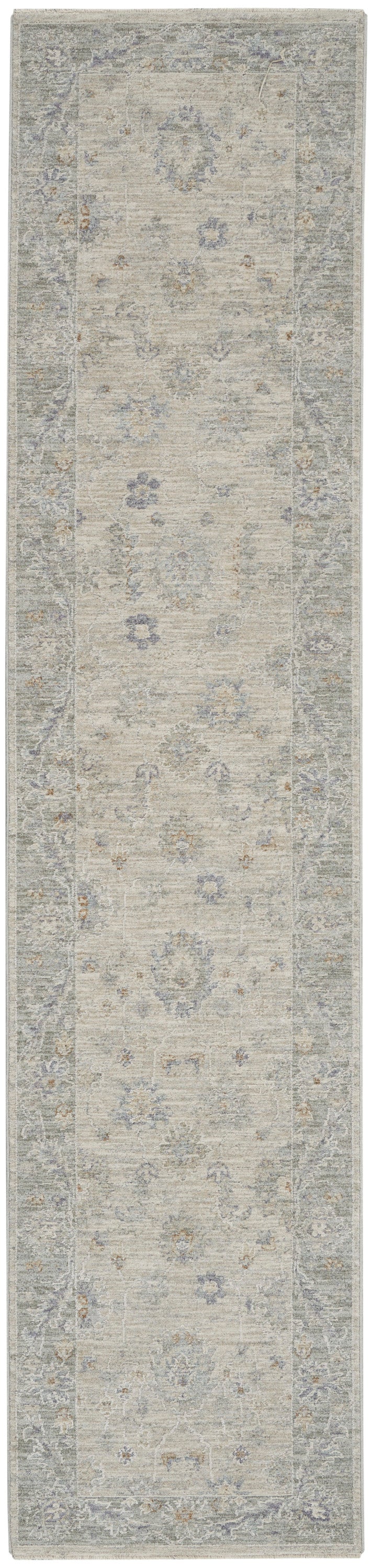Beige vintage-style oriental runner rug with a muted blue-gray border and floral motifs.