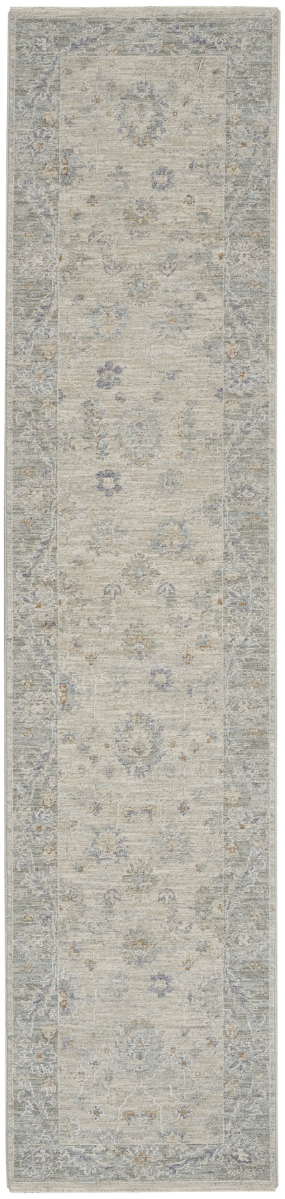 Beige vintage-style oriental runner rug with a muted blue-gray border and floral motifs.