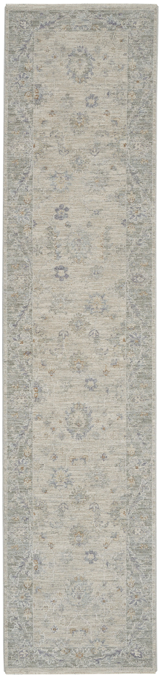 Beige vintage-style oriental runner rug with a muted blue-gray border and floral motifs.