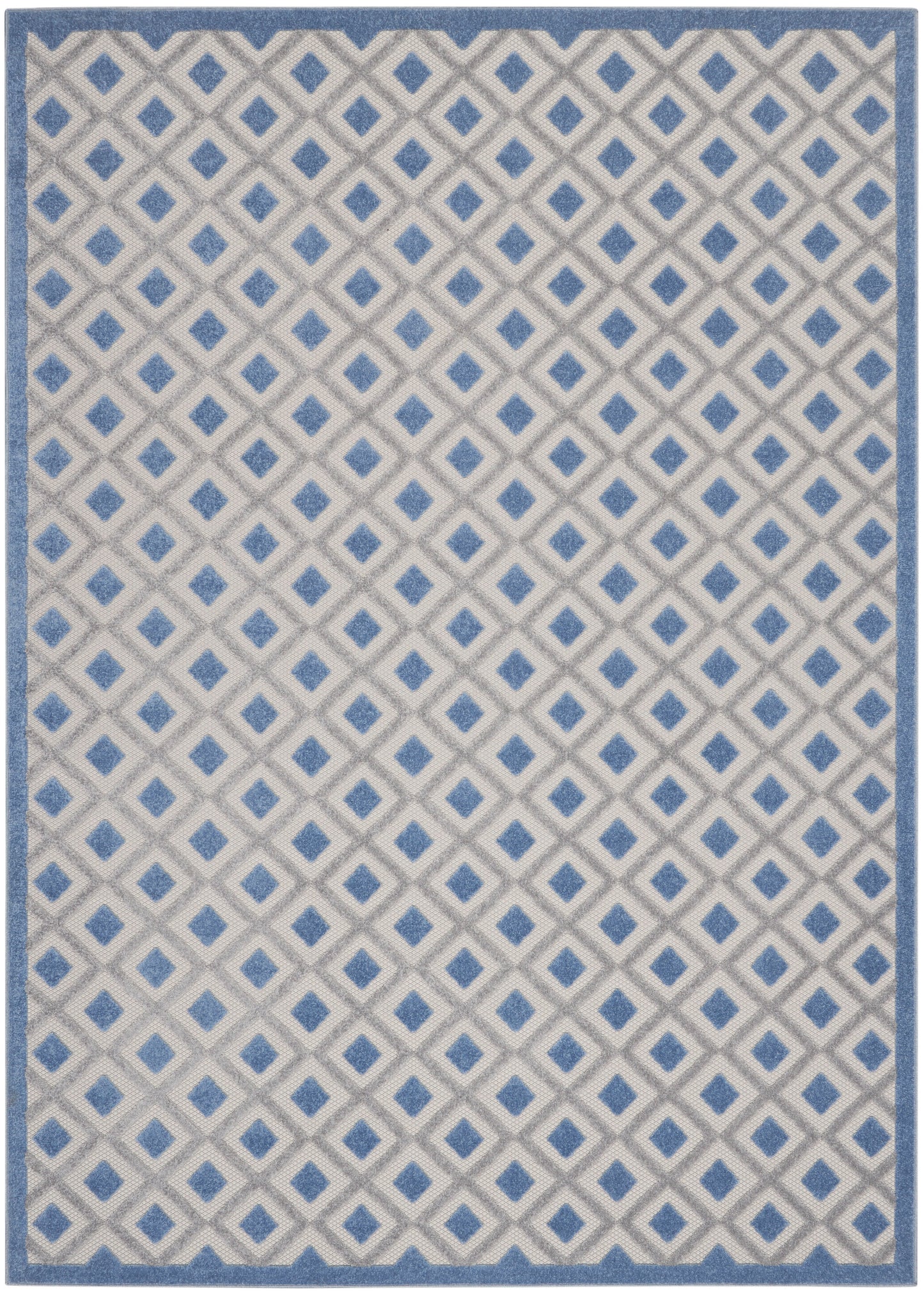 Rectangular woven rug with blue border and repeating blue diamond lattice over a beige field.