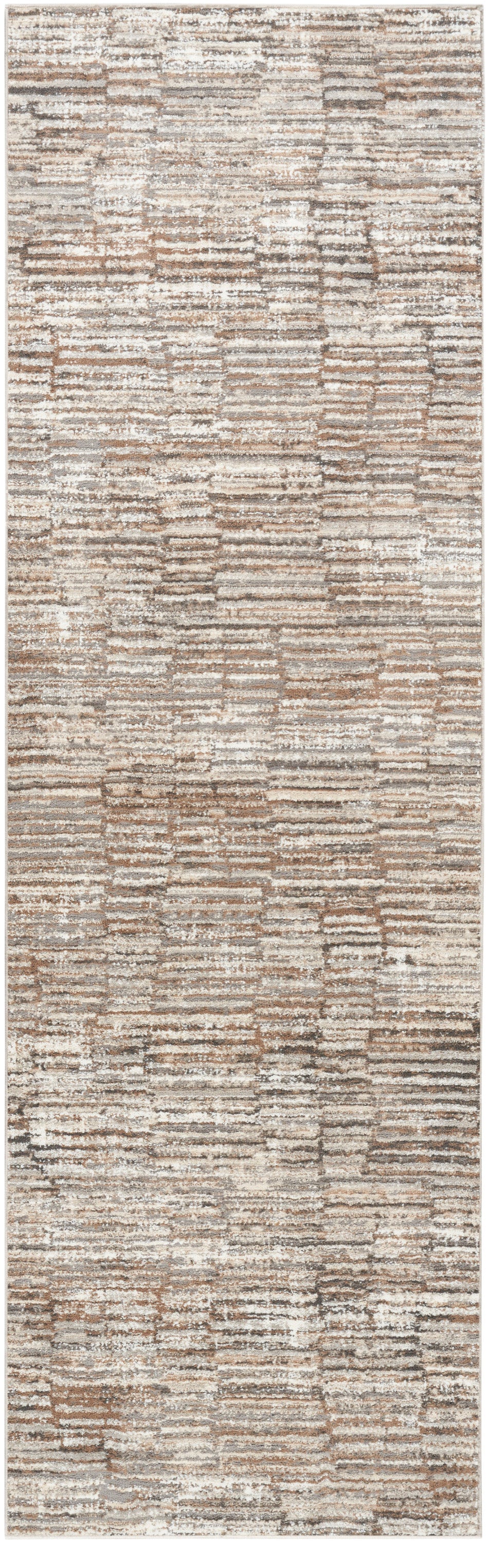 Rectangular area rug with abstract beige, taupe and gray striped pattern and soft textured pile.