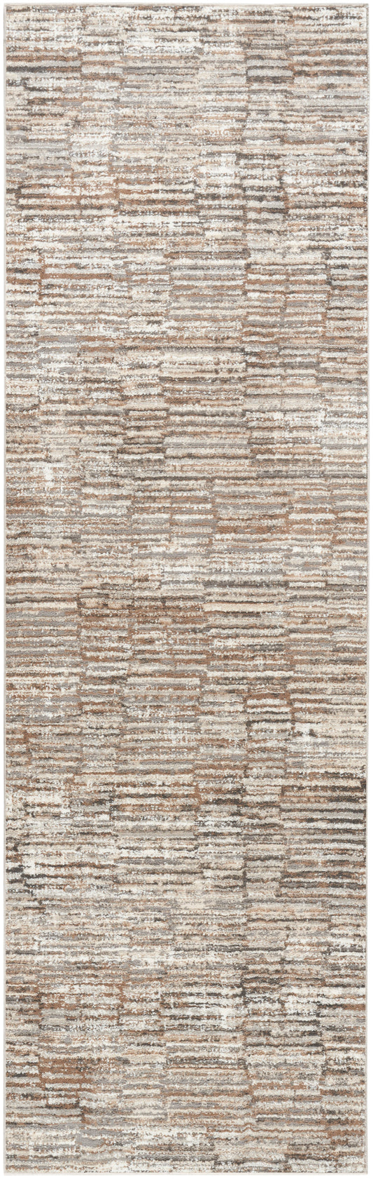 Rectangular area rug with abstract beige, taupe and gray striped pattern and soft textured pile.