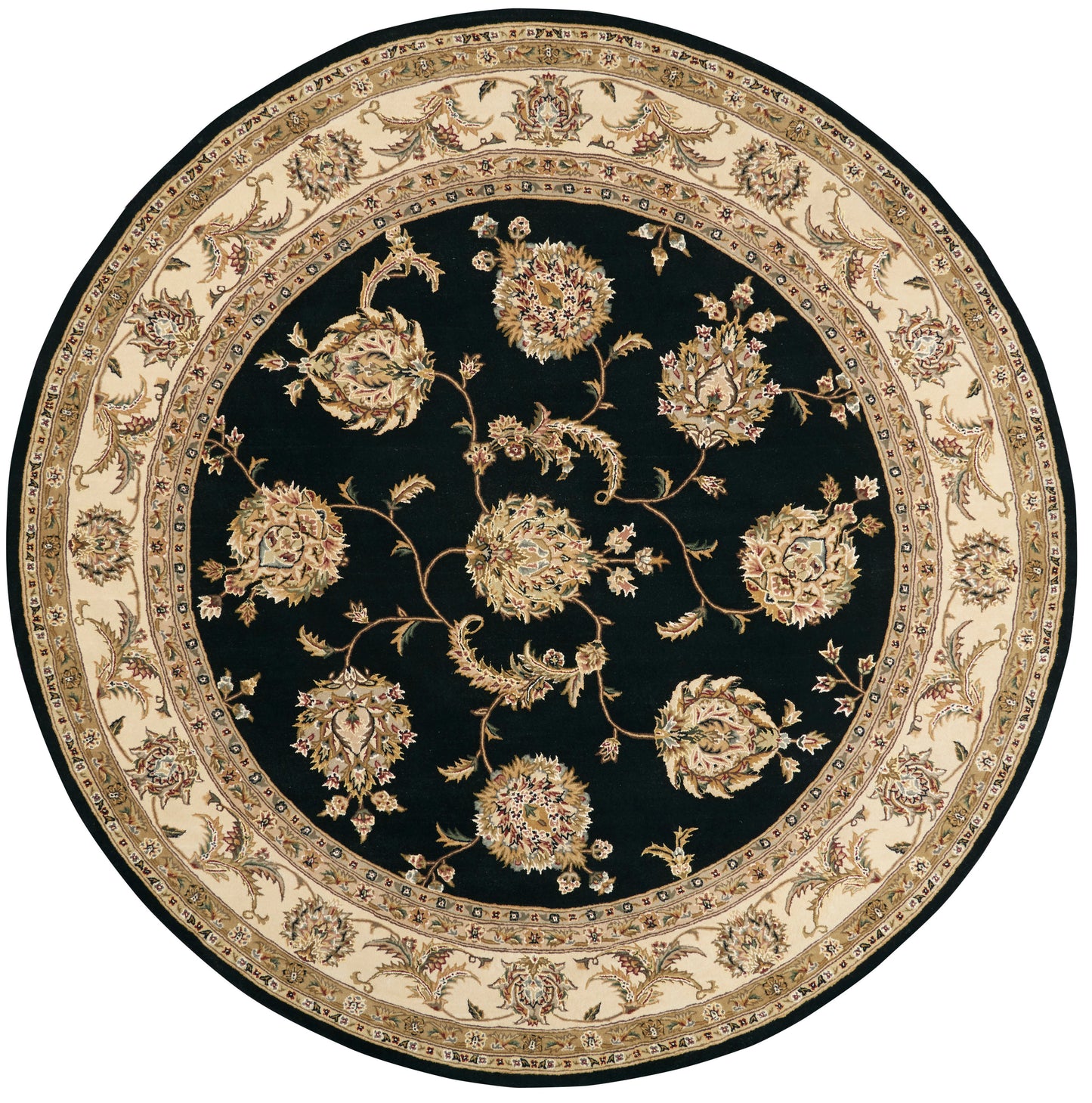 Round rug with black field and ivory-beige ornate floral border; Persian-inspired design with gold-toned flowers.