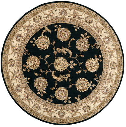 Round rug with black field and ivory-beige ornate floral border; Persian-inspired design with gold-toned flowers.