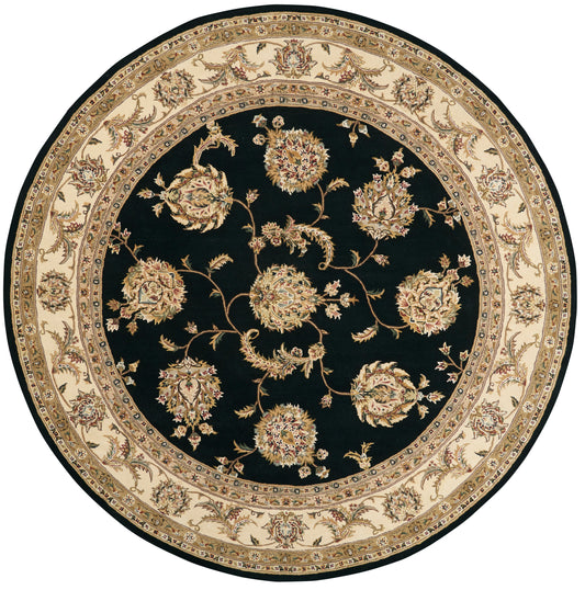 Round rug with black field and ivory-beige ornate floral border; Persian-inspired design with gold-toned flowers.