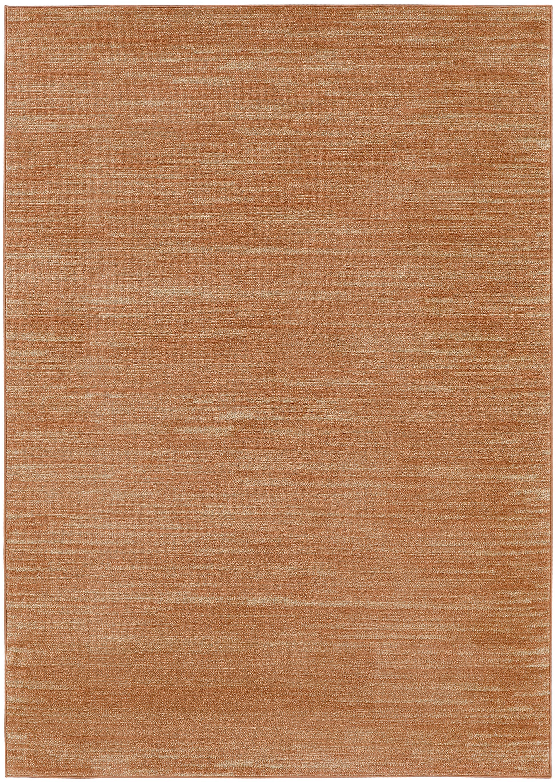 Rectangular rust-orange outdoor rug with a subtle variegated texture in a soft flat-weave style.