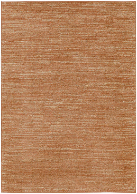 Rectangular rust-orange outdoor rug with a subtle variegated texture in a soft flat-weave style.