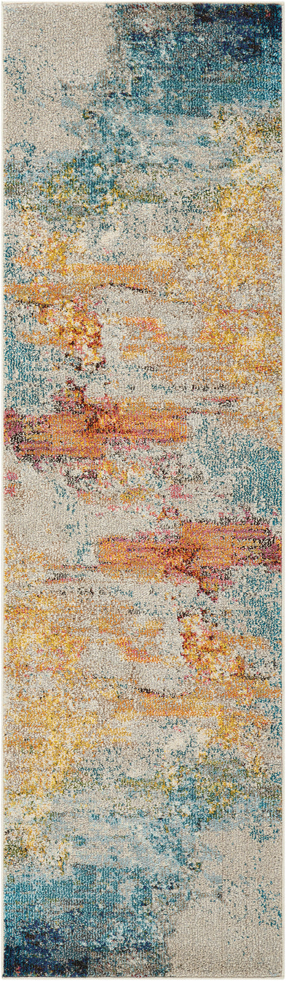 8' runner rug with a vertical abstract distressed pattern in teal, blue, gold, peach & beige tones; modern art-inspired design.