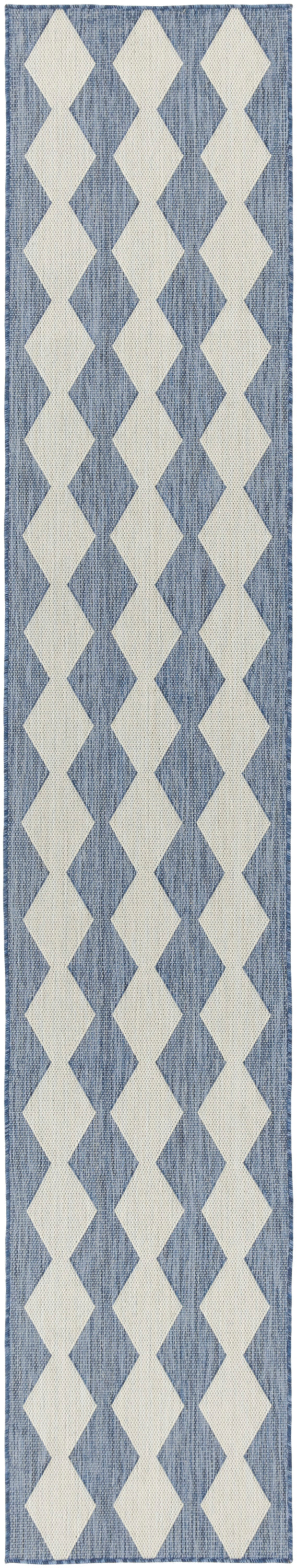 Denim-blue woven rug runner with cream diamond motif; long narrow geometric decor.