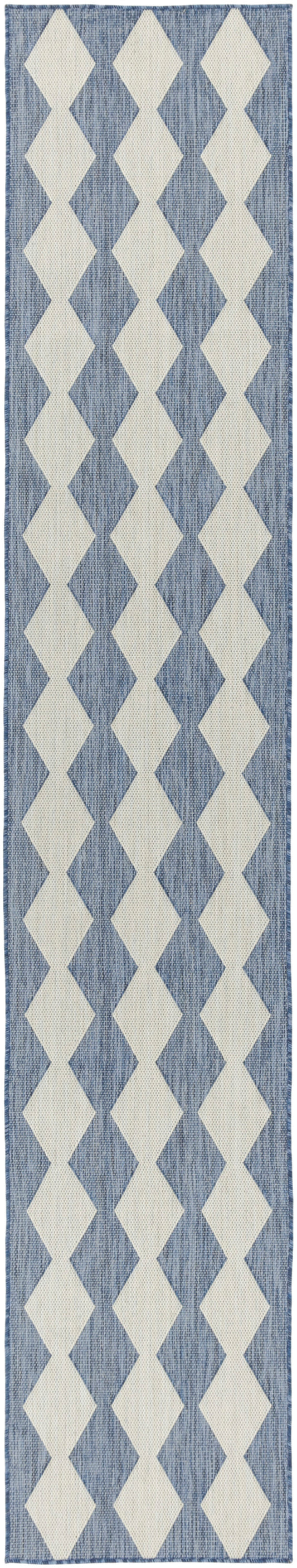 Denim-blue woven rug runner with cream diamond motif; long narrow geometric decor.