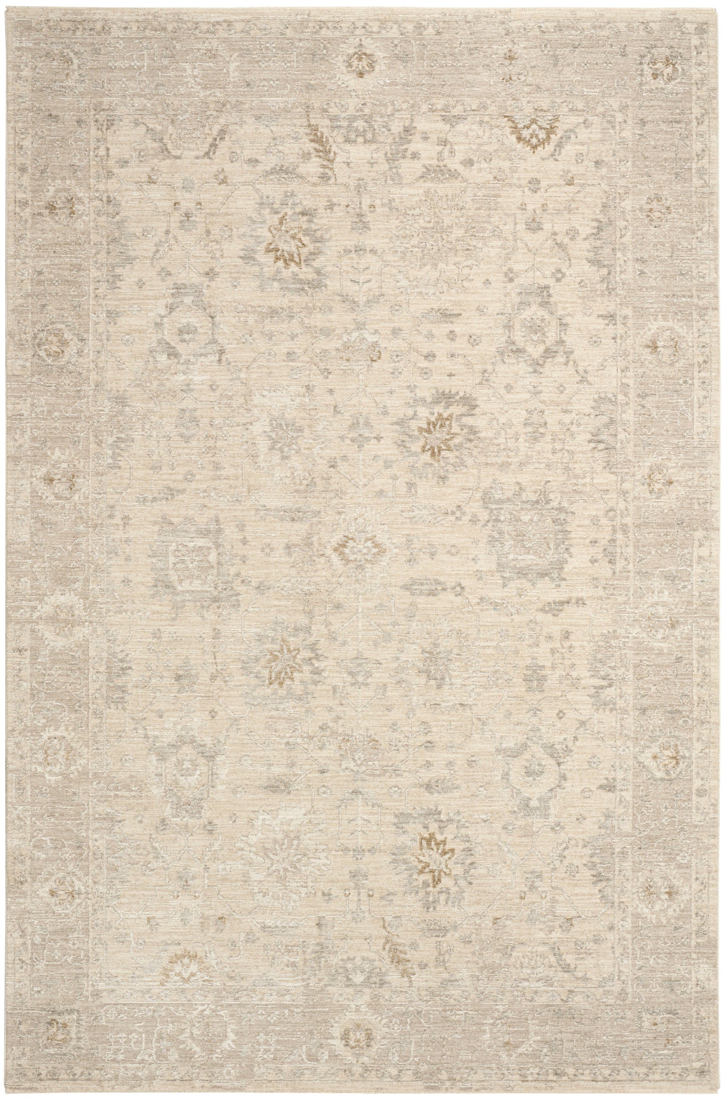 Beige distressed oriental area rug with muted gray motifs and worn border, warm neutral tones.